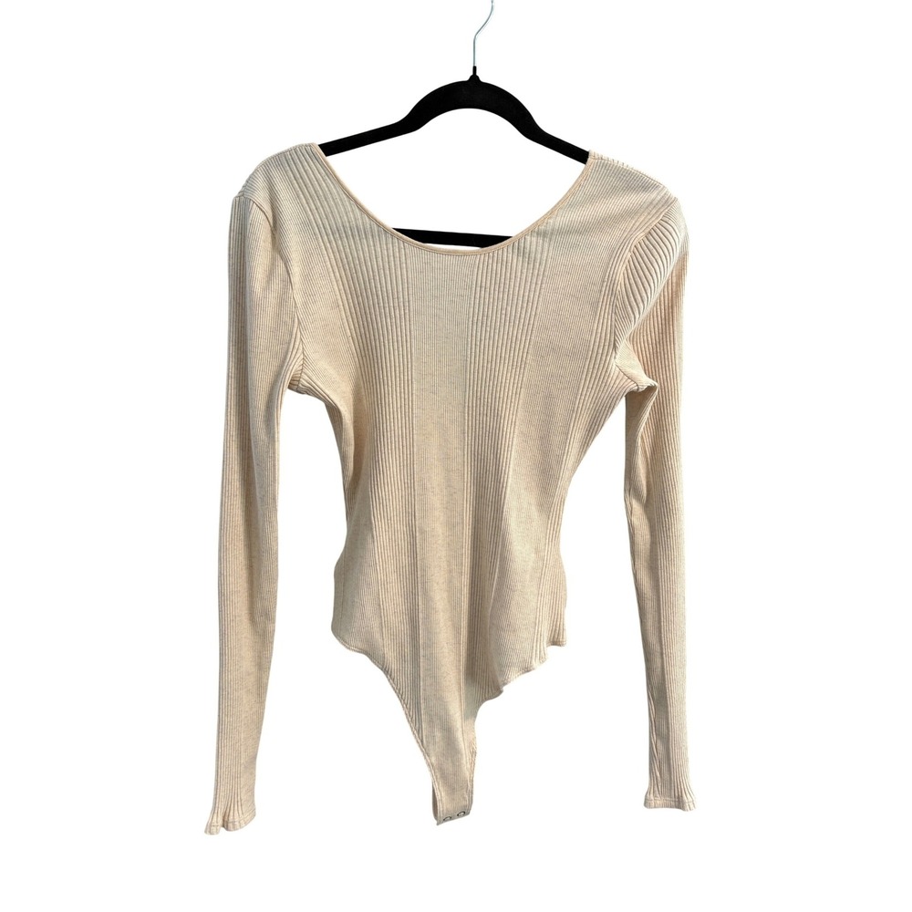 Aerie Long Sleeve Ribbed Knit Bodysuit Beige Oatmeal Scoop‎ Neck- Large